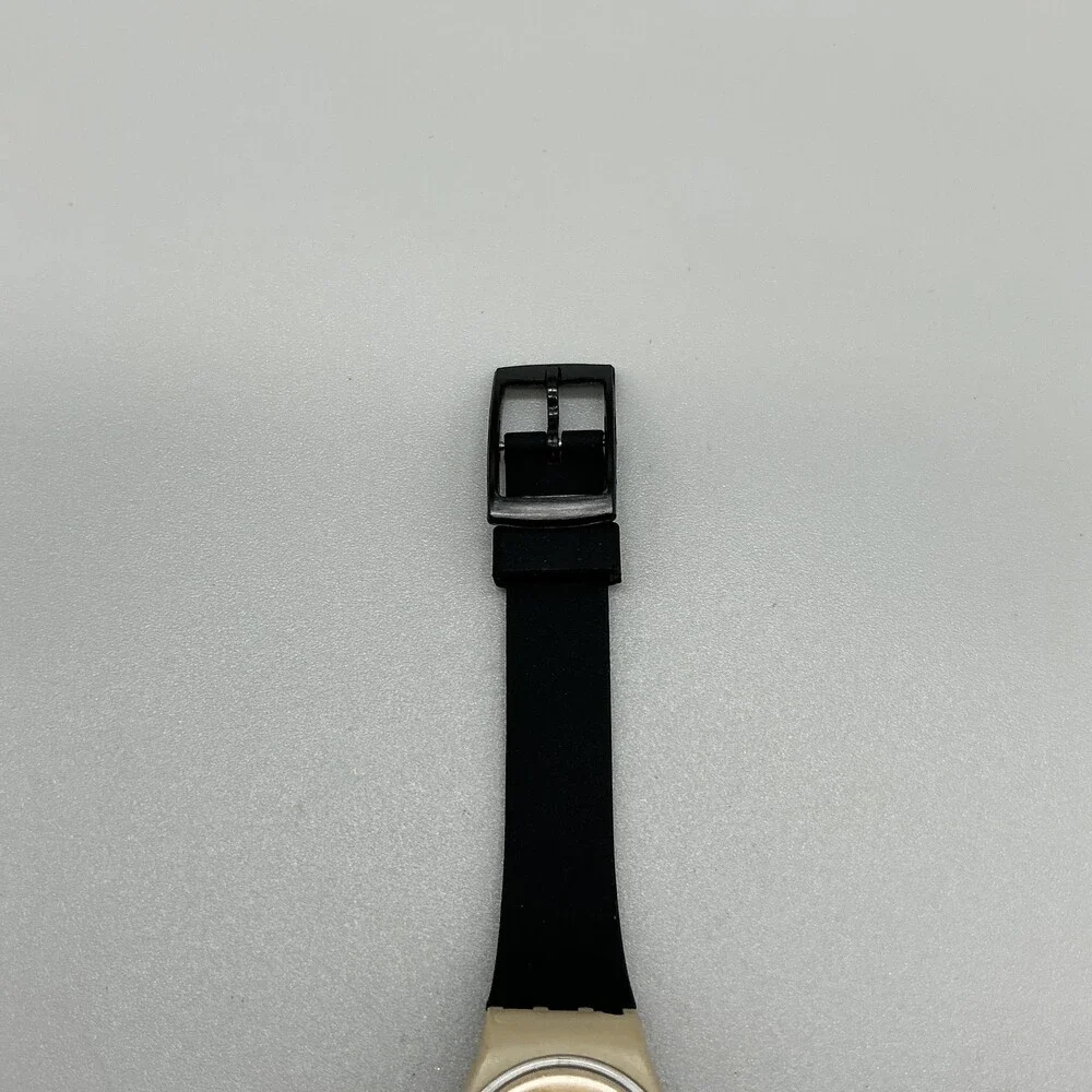 Vintage Swatch BG/BC Womens Watch 25mm Gold Tone Leopard Dial Black Band LT102